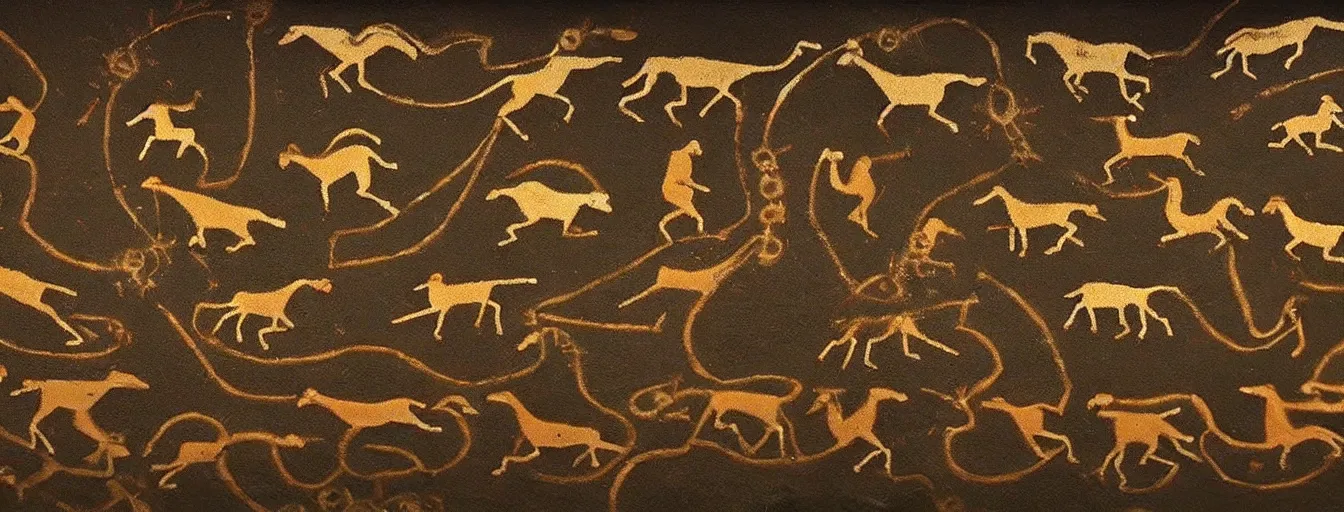 Image similar to prehistoric cave painting of running animals, highly detailed, upscaled