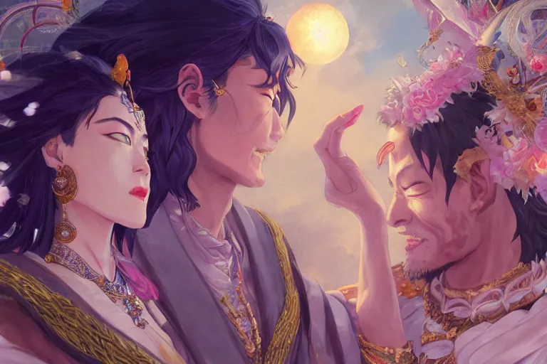 Image similar to close up moment of a divine a japan sun god and a moon goddess lovers magician at a wedding banquet, highly detailed, d & d, fantasy, 4 k realistic, digital painting, trending on artstation, concept art, sharp focus, illustration, art by makoto shinkai and akihiko yoshida and daniel gerhartz