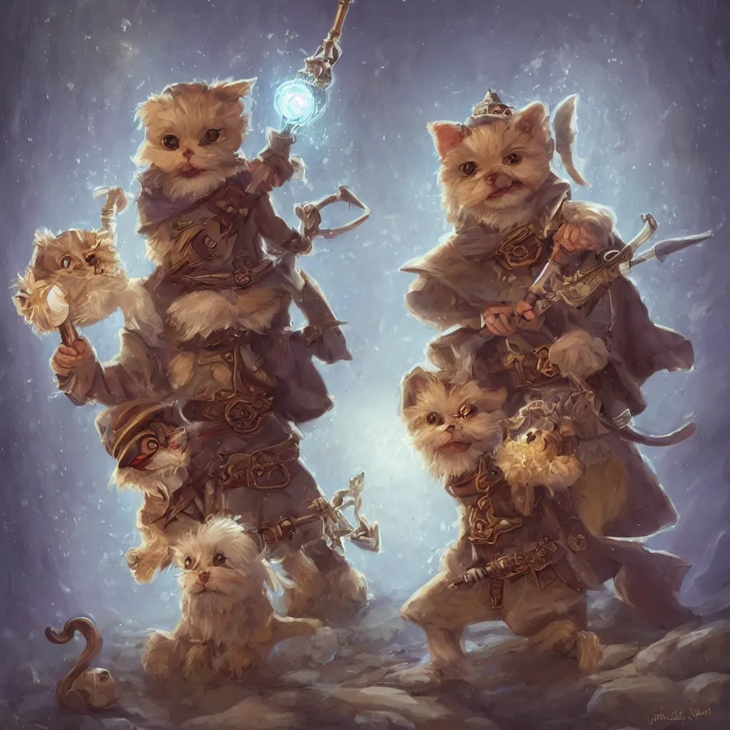 Prompt: cute little anthropomorphic one Maltese Terrier and one tabby cat, wielding a magic staff, tiny, small, short, Wizard robe, cute and adorable, pretty, beautiful, DnD character art portrait, matte fantasy painting, DeviantArt Artstation, by Jason Felix by Steve Argyle by Tyler Jacobson by Peter Mohrbacher, cinema