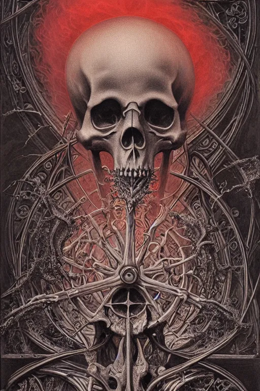 Prompt: detailed realistic memento mori lithograph, red smoke and ash, mixture of life and death, by cameron gray and ernst haeckel and beksinski, gothic ornament, skulls, bones, art nouveau, neogothic, ornate botanicals, symmetry, polished, artstation