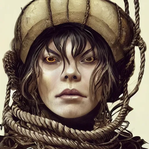 Image similar to portrait of a Shibari rope wrapped face and neck, headshot, insanely nice professional hair style, dramatic hair color, digital painting, of a old 15th century, old cyborg merchant, amber jewels, baroque, ornate clothing, scifi, realistic, hyperdetailed, chiaroscuro, concept art, art by Franz Hals and Jon Foster and Ayami Kojima and Amano and Karol Bak,