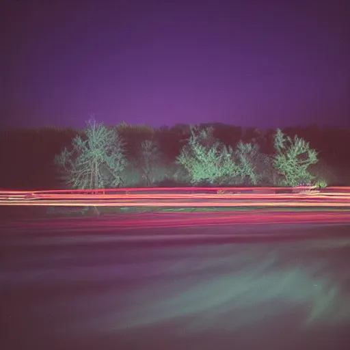 Image similar to long exposure night lansdscapes, 5 seconds shutter, Cinestill 800T