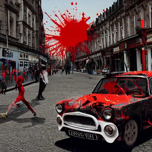 Prompt: A British European City with cars and people roaming inside of the city, certain aspects of the background are lens blurred, splatters of red and red paint circle significant parts of the city, blots of red paint, some of the people are even painted red, black and white photograph painting, real life, realistic, hyperrealistic, very realistic, photo photograph, photo, photograph, painting, oil painting, ultra realistic, very detailed, extremely detailed, highly detailed, HD Quality, 4k resolution, 8k resolution, trending on artstation, in the style of an Album Cover, cool, epic, nostalgic, intricate details