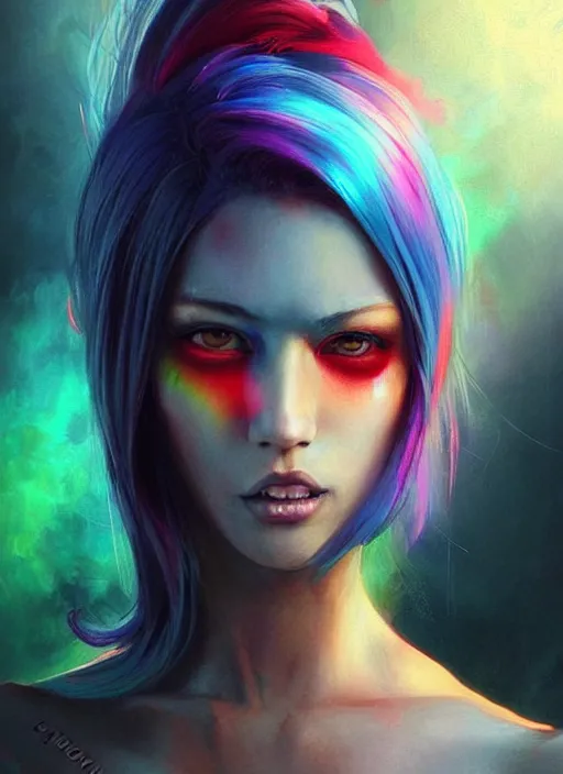 Prompt: a young woman with beautiful rainbow hair. she looks very angry. beautiful painting by artgerm and greg rutkowski