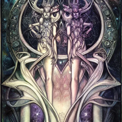 Image similar to detailed and sharp gemini artwork, mystic style, detailed, 8 k, detailed, symmetrical, by brian froud