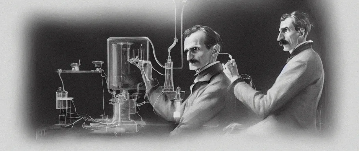 Image similar to “ a extremely detailed stunning portraits of nikola tesla in laboratory by allen william on artstation ”