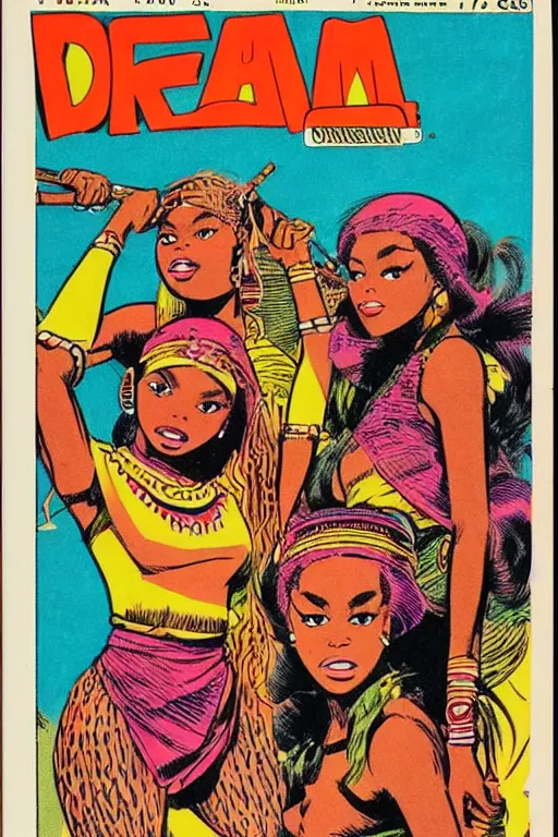 Prompt: !dream native african girls drawn by Jack Kirby, vintage 70s comic cover