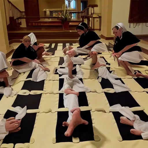 Image similar to award winning photo of nuns playing twister in a sanctuary —width 1024 —height 1024