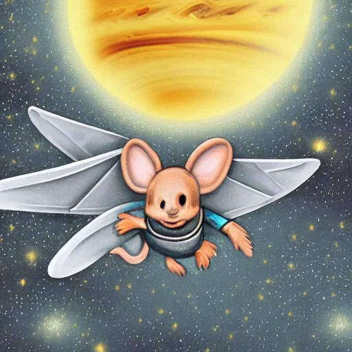 Prompt: a mouse wearing clockwork wings flying through Jupiter, sci-fi illustration