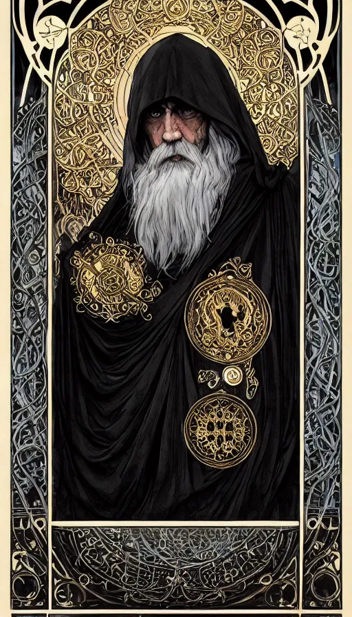 Image similar to one old man wore a black cloak, a black cloak and a white beard, highly detailed, very intricate, art nouveau, gold filigree, left right symmetry, tarot concept art watercolor illustration by mandy jurgens and alphonse mucha and alena aenami, featured on artstation