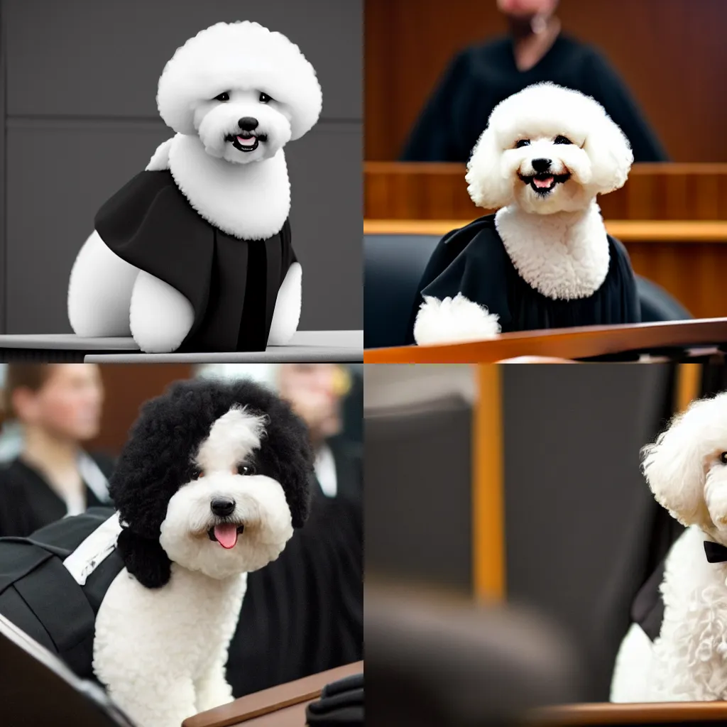 Image similar to a closeup photorealistic photograph of a cute smiling white bichon frise judge wearing a black gown and speaking to the courtroom. this 4 k hd image is trending on artstation, featured on behance, well - rendered, extra crisp, features intricate detail, epic composition and the style of unreal engine.