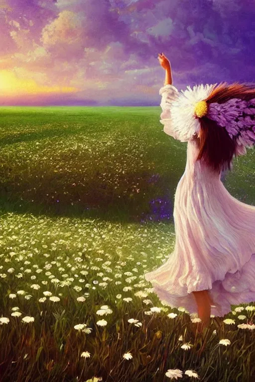 Image similar to giant white daisy flower as head, girl dancing in a flower field, surreal photography, sunrise, dramatic light, impressionist painting, colorful clouds, digital painting, artstation, simon stalenhag