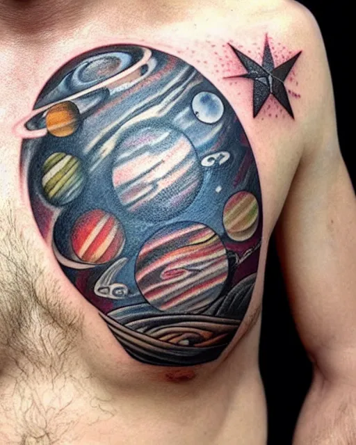 Image similar to planets on the top of a broken renaissance head statue, realism tattoo design, in the style of sivak