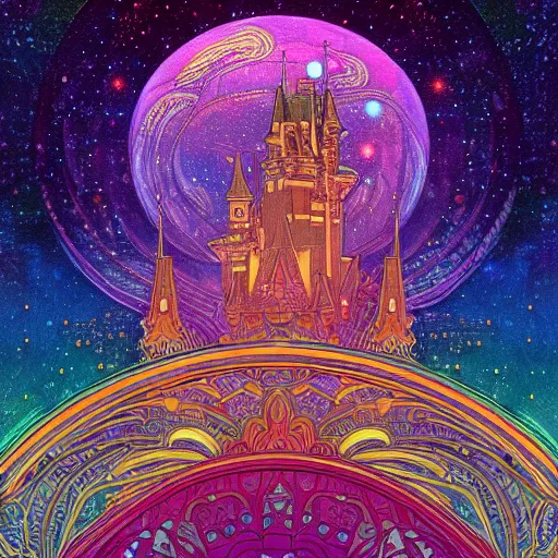 Prompt: a beautiful highly detailed digital art of colorful castle nebulas by, moebius, alphonse mucha, stars in the background, highly detailed, intricate design, cinematic view, 8 k resolution, trending on artstation