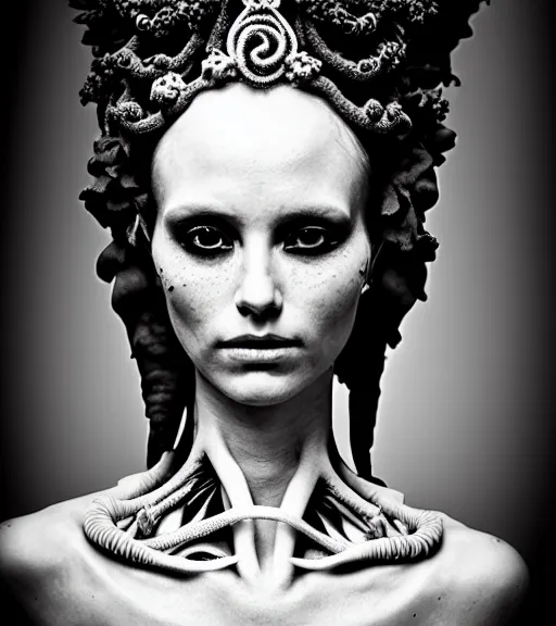 Image similar to dark background, a black and white high quality dreamy photo of a young beautiful female queen-vegetal-dragon-cyborg bust with a very long neck and delicate Mandelbrot fractal face, anatomical, facial muscles, veins, arteries, elegant, highly detailed, flesh highly baroque ornate, hair are curled wired cables, elegant, poetic, dreamy, mysterious, high fashion, rim light, in the style of Ellen von Unwerth, Realistic, Refined, Digital Art, Highly Detailed, Cinematic Lighting, rim light, black and white, photo-realistic, 8K