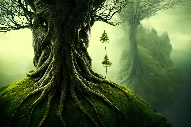 Prompt: ultra realistic, cinematic, headshot portrait, of a tree wizard, branches, facial features, background of a vast serene landscape, with trees and rivers, detailed, deep focus, movie still, dramatic lighting, ray tracing, by michal karcz and yoshitaka amano