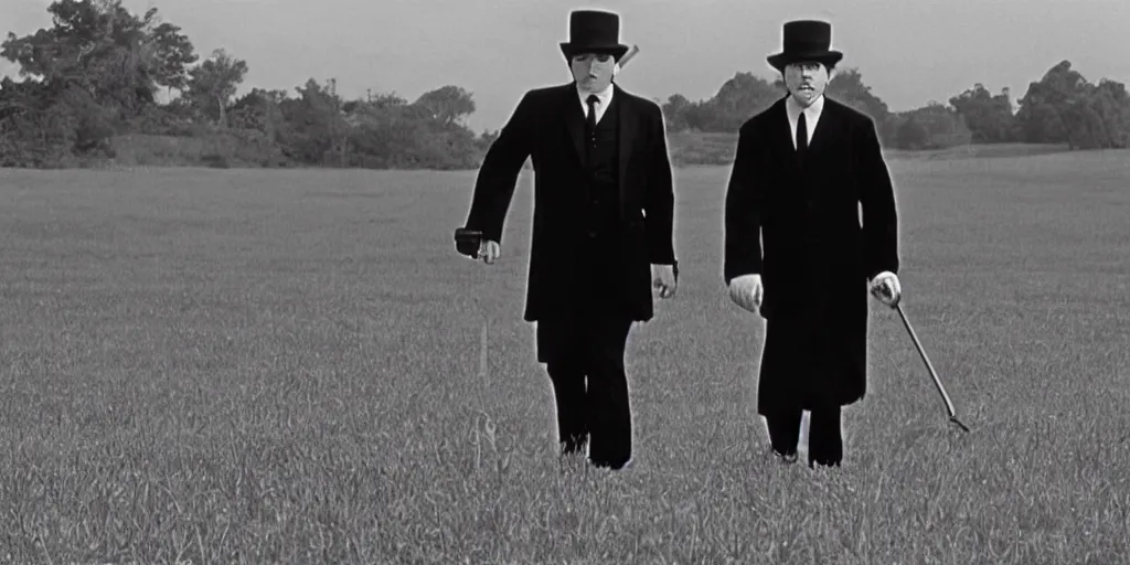 Prompt: a still of a 60s movie of a man holding a cane wearing a black suit and a bowler hat with a robotic face walking in a empty field