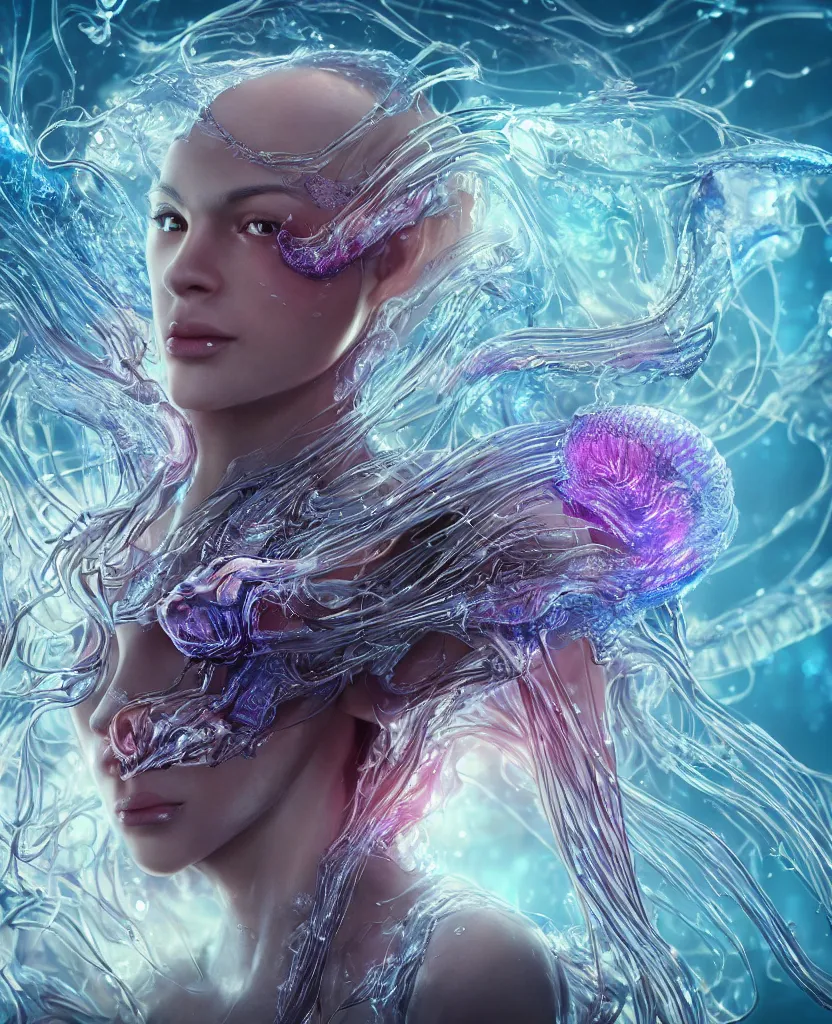 Image similar to close-up macro portrait of the face of a beautiful princess, epic angle and pose, symmetrical artwork, 3d with depth of field, blurred background, cybernetic jellyfish female face skull phoenix bird, translucent, nautilus, energy flows of water and fire. a highly detailed epic cinematic concept art CG render. made in Maya, Blender and Photoshop, octane render, excellent composition, cinematic dystopian brutalist atmosphere, dynamic dramatic cinematic lighting, aesthetic, very inspirational, arthouse. y Greg Rutkowski, Ilya Kuvshinov, WLOP, Stanley Artgerm Lau, Ruan Jia and Fenghua Zhong