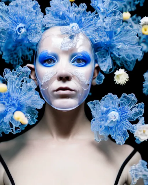 Image similar to symmetrical close - up portrait of a woman wearing a translucent silicone beauty mask and blue hair, wearing a black bodysuit by alexander mcqueen, standing in a garden full of plastic translucent flowers, black background, soft diffused light, biotechnology, humanoide robot, bjork aesthetic, translucent, intricate details, highly detailed, masterpiece,