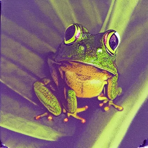 Prompt: flying frog, polaroid photography in style of andrey tarkovski, paranormal, spiritual, mystical, sublime