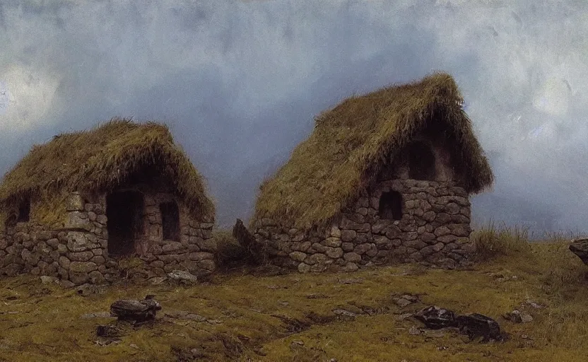 Image similar to Hagrid's hut made of stone, in landscape, early evening, mist, matte painting, dark forest on background, oil painting by Isaac Levitan and Vasily Perov