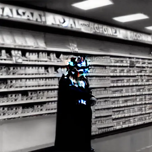 Image similar to security camera footage of darth vader shopping in an convenience store, filmic, cinematographic