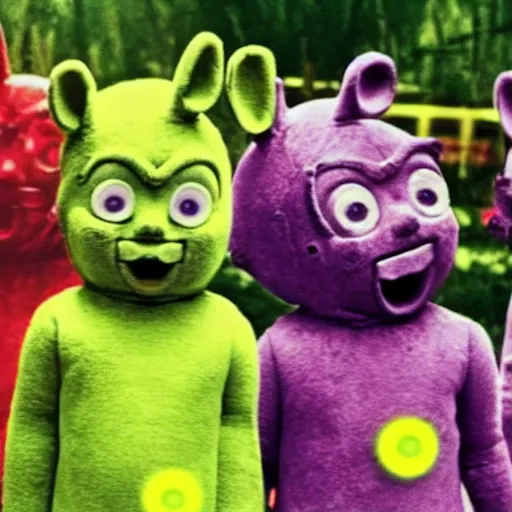 Prompt: zombie teletubbies in dawn of the dead, movie still, horror, ultra violent