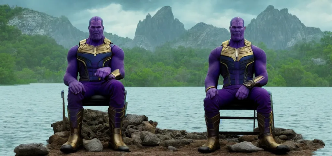 Image similar to a very high resolution image from a new movie. thanos sitting on chair in a lake, photorealistic, photography, directed by wes anderson