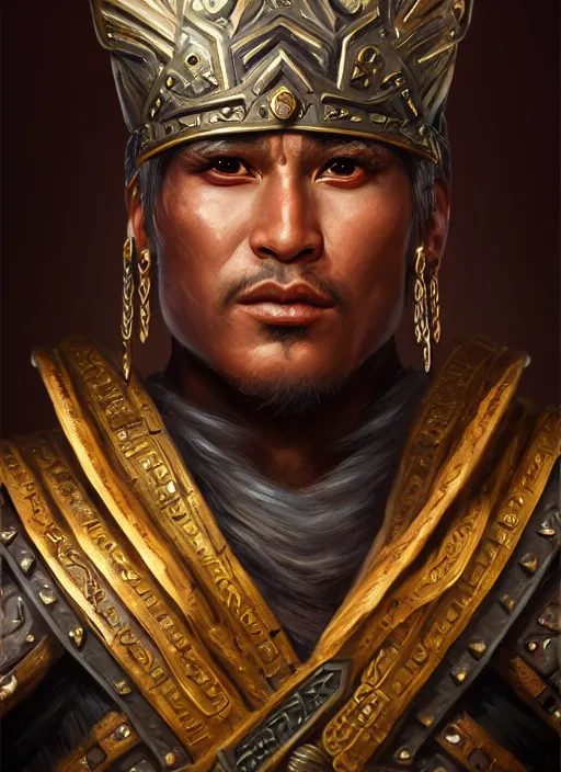 Prompt: smart breadtai warlord, closeup portrait, historical hero, ethnic group, tai costume, bronze headdress, intricate, with leather armor cross on chest, cotton textile, elegant, loin cloth, highly detailed, oil painting, artstation, concept art, matte, sharp focus, illustration, hearthstone, art by earl norem