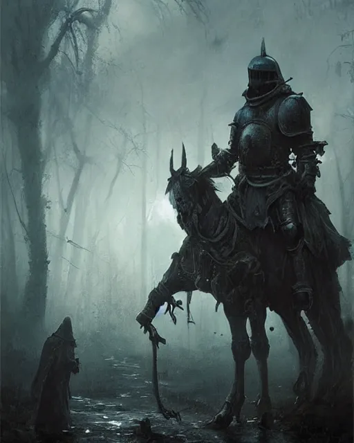 Image similar to Hyper realistic oil painting of an undead knight, knight in the foreground, fog, volumetric lighting, nighttime, moonlight, creepy, by greg rutkowski