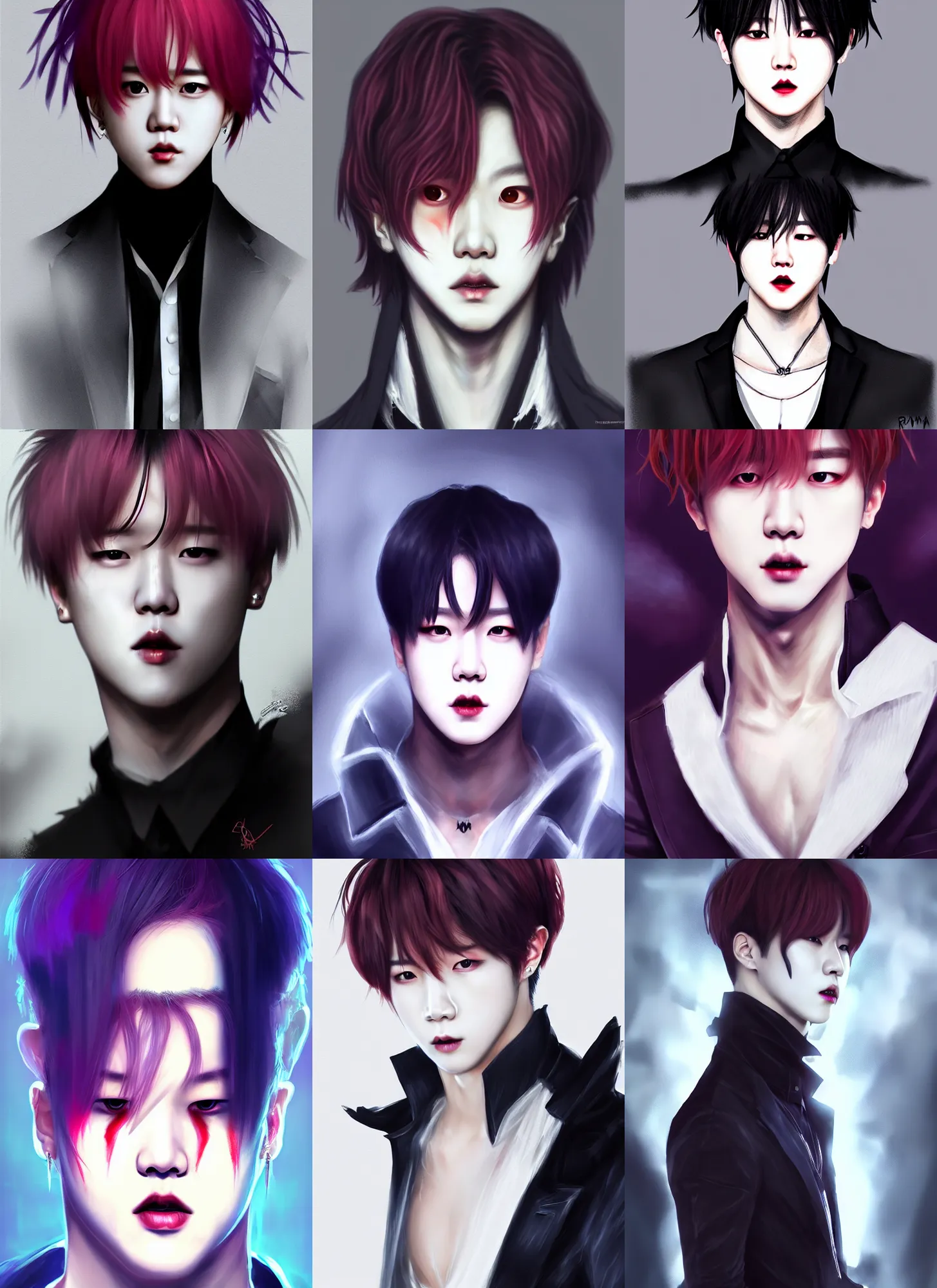 Prompt: park jimin as a vampire. wearing intricate styled outfit, fullbody, semi realism, anime realism, symmetrical face, slim face, distinctive features, appealing, photorealism, uhd, amazing depth, glowing, sakimichan, greg rutowski, volumetric lighting, dramatic lighting, foggy, artstation concept art