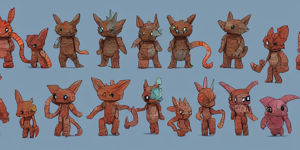 Image similar to small creatures called critters, made out of individual bricks. cute looking, kawaii, sharp focus, moebius, character sheet, game concept art, brush work