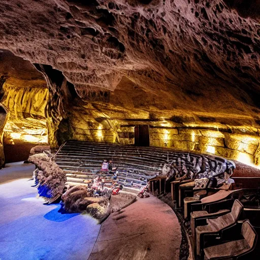 Image similar to a cave with an amphi theatre inside, stone seats, center stage with tiki torches light