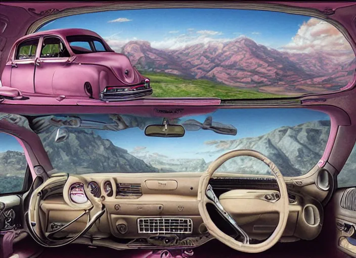 Image similar to the world inside a car, lisa ann, lowbrow, matte painting, 3 - d highly detailed, in the style of mark ryden,