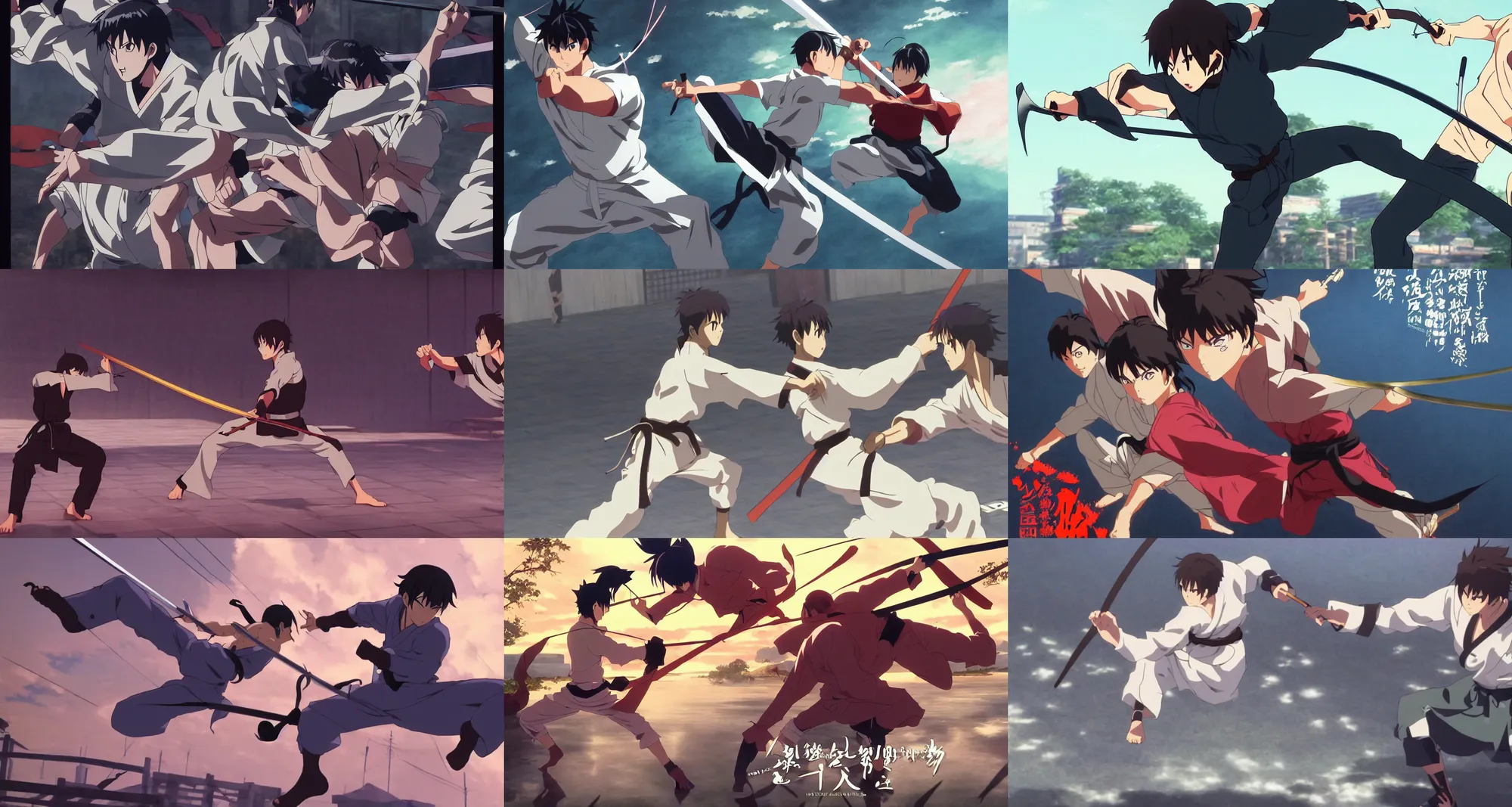 Image similar to martial arts tournament, sword fighting, dynamic pose, cinematic, from the anime film by makoto shinkai