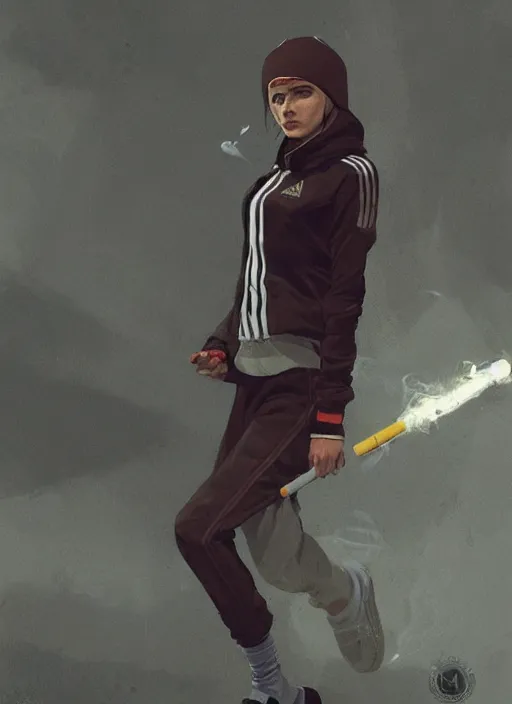 Image similar to russian slav heroine wearing an addidas tracksuit with a cigarette in hand. by greg rutkowski and wlop, detailed, cinematic, 8 k, intricate, rule of thirds.