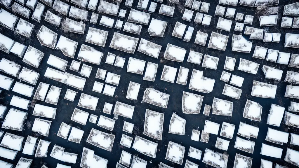 Prompt: a high detailed astonishing wide lens photo of the ice covered houses melting on the sun, architectural drone photography