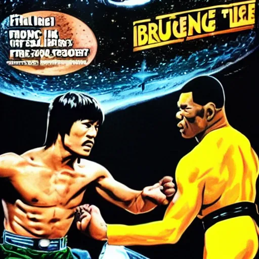 Prompt: bruce lee fighting mike tyson in space