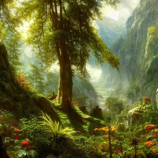 Image similar to a beautiful and highly detailed matte painting of an elven garden in a mystical forest in a dreamy valley deep in the tall mountains of avalon, intricate details, epic scale, insanely complex, 8 k, sharp focus, hyperrealism, very realistic, by caspar friedrich, albert bierstadt, james gurney, brian froud,