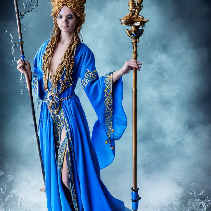 Image similar to photograph of a real-life beautiful elemental water witch with ornate blue robes and staff. Extremely detailed. 8k