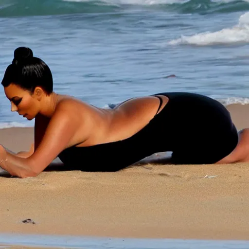 Image similar to kim kardashian tanning on a beach