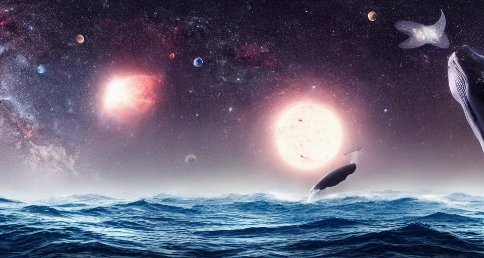 Prompt: high quality photo of big whale floating in dark beautiful space filled with stars, planets and galaxies, photorealism, 8k, extremely detailed