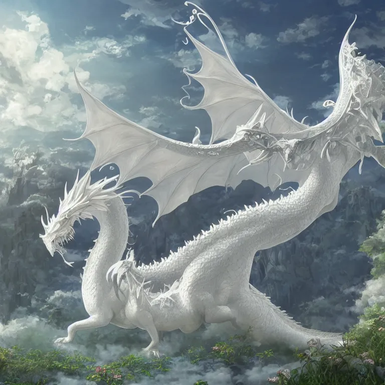 Image similar to the beautiful hyper detailed scene render that a lonely beautiful girl lies in the arms of a huge silver white dragon alone in fairyland surrounded by white clouds, finely detailed angelic face delicate features, style of studio ghibli, makoto shinkai, raphael lacoste, louis comfort tiffany, artgerm, james jean, ross tran, animation style, hd, ultra wide angle