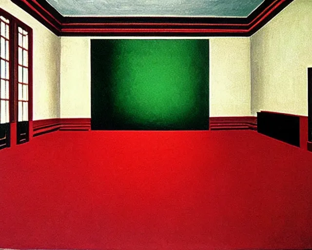 Image similar to city sized clay sculpture in a huge room. a green red and black painting by Magritte