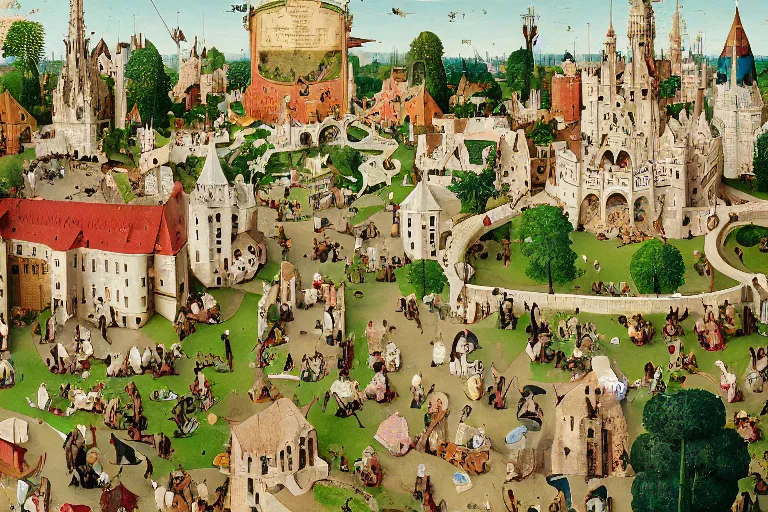 Image similar to an elaborate and dense low angle painting of a peaceful neighborhood, detailed, made of alcohol ink on parchment and penned illustrations, by wes anderson and hieronymus bosch and geoff darrow