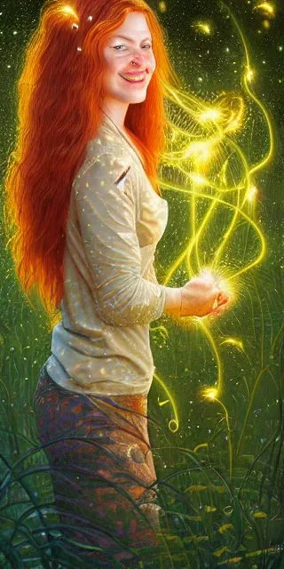 Image similar to infp young woman, smiling amazed, golden fireflies lights, sitting in the midst of nature fully covered, long loose red hair, intricate linework, bright accurate green eyes, small nose with freckles, oval shape face, realistic, expressive emotions, dramatic lights spiritual scene, hyper realistic ultrafine art by michael cheval, jessica rossier, boris vallejo