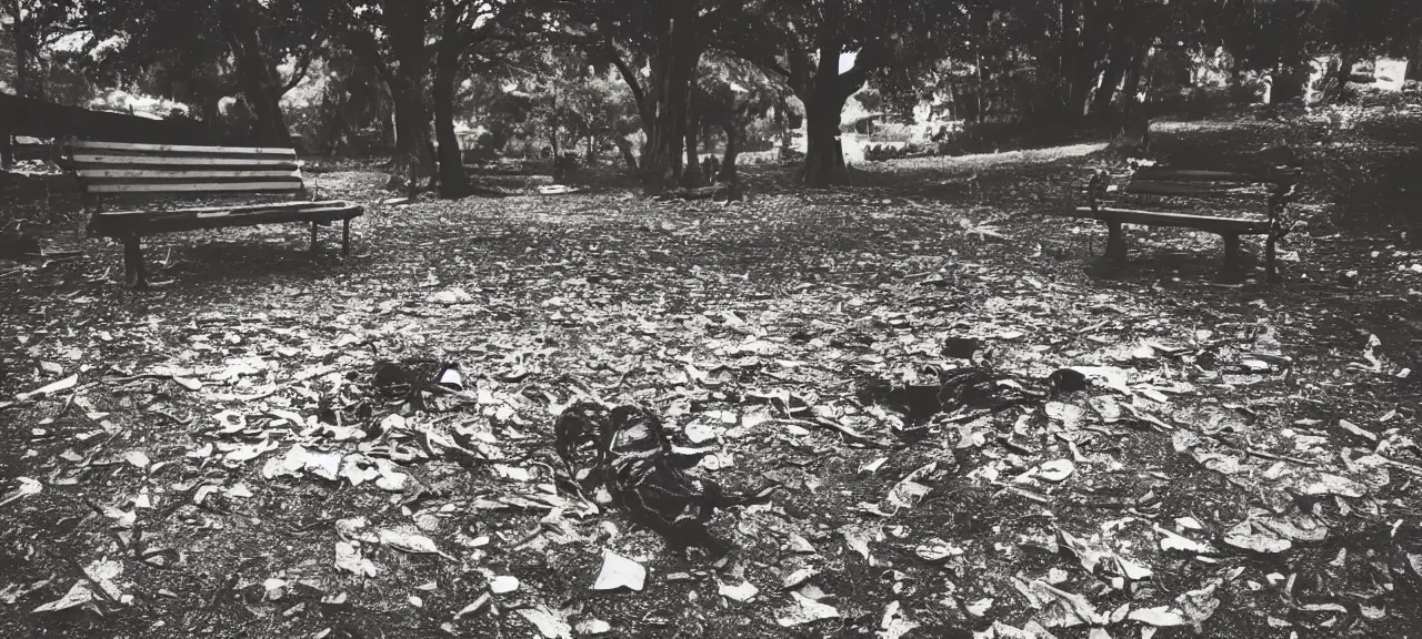 Prompt: Charred remains of a person sitting on a bench taking a selfie