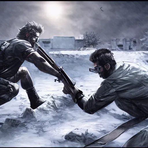 Prompt: Solid Snake and Gordon Freeman fight on an abandoned military base, winter, very detailed, hyper realism, epic, close-up fight, digital art, concept art, illustration, artstation, cgi, 4k