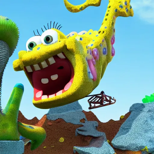 Image similar to spongebob squarepants riding a dinosaur, 3 d render, high quality, realistic, photorealistic