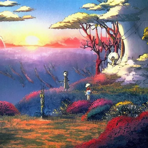 Image similar to a fantasy landscape painted by hayao miyazaki